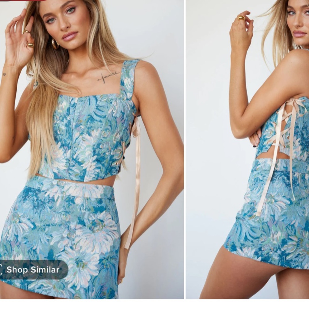 Blue Floral Set - Corset Top with ties on side and matching skirt - Fashion Nova